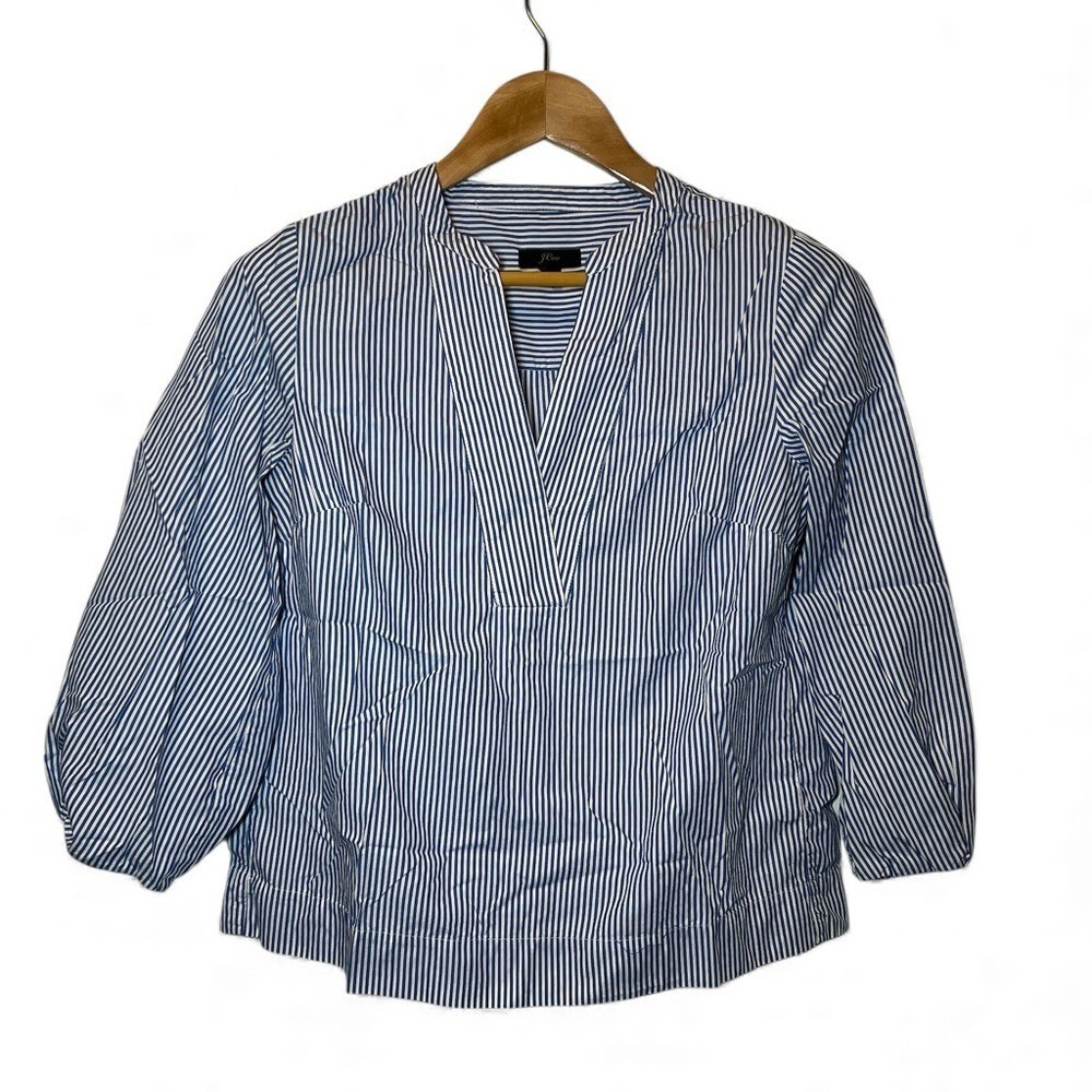 J Crew Nautical Blue Stripe V Neck 3/4 Sleeve Blouse XS 100% Cotton Coastal Boat